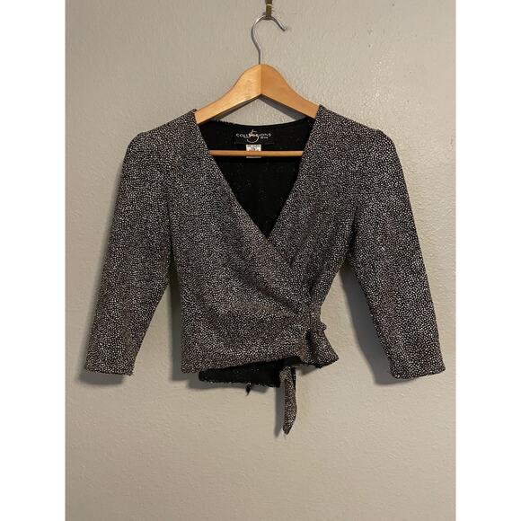 JS Collections Petite Shirt Womens Small Black Wrap 3/4 Sleeve Metallic Shimmer - Picture 1 of 7